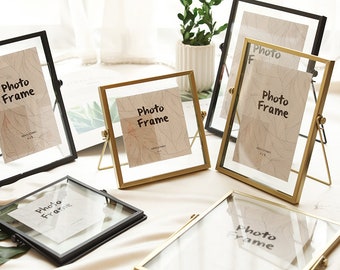 Marco de fotos familiar, marco de fotos de latón vintage, marco de vidrio DIY para exhibir flores secas, regalo de Navidad: reemplazo gratuito en caso de daños.