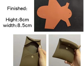May include: The image shows a brown leather coin purse with a snap closure. The purse is approximately 3.3 inches wide and 3.1 inches high. The image also shows the pattern used to create the purse.