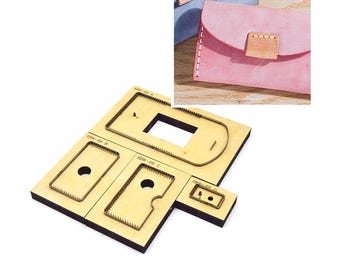 May include: A wooden die set for leathercraft, featuring various shapes and sizes for creating leather goods. The set includes a large rectangular die with a curved edge, smaller rectangular and square dies, and a pink leather clutch.