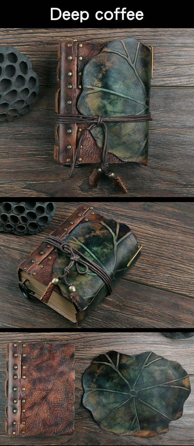 Pu&ograve; includere: Un diario in pelle fatto a mano con un design a foglia. Il diario &egrave; marrone con dettagli in ottone e una chiusura in pelle. La copertina presenta un design a foglia verde e marrone. Il testo "Deep coffee" &egrave; nell'immagine.