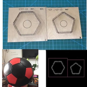 May include: Two metal templates with a pentagon shape, each with a central circle and small holes along the edges. A soccer ball with black and red panels is also visible. The templates are on a blue grid surface.