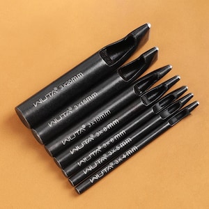 May include: A set of seven black leathercraft hole punches. Each punch is cylindrical with a flat, angled cutting edge. The sizes are labeled with white text: 3x20mm, 3x15mm, 3x10mm, 3x8mm, 3x6mm, 3x5mm, and 3x4mm.