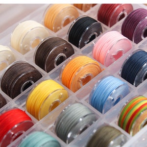 Puede incluir: Un organizador de plástico transparente lleno de coloridas bobinas de hilo. Los colores del hilo incluyen crema, marrón, negro, rosa, azul marino, amarillo, naranja, azul y verde. Las bobinas están cuidadosamente dispuestas en compartimentos individuales.