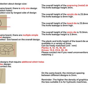 May include: Image with text detailing design size selection for various die-cut designs. Includes diagrams of single and combined designs, with measurements in millimeters for die heights and knife leakage. Information on planks and knives is also provided.