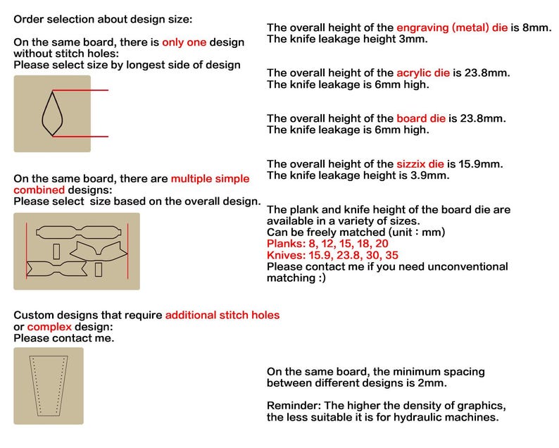 May include: Image with text detailing design size selection for various die-cut designs. Includes diagrams of single and combined designs, with measurements in millimeters for die heights and knife leakage. Information on planks and knives is also provided.