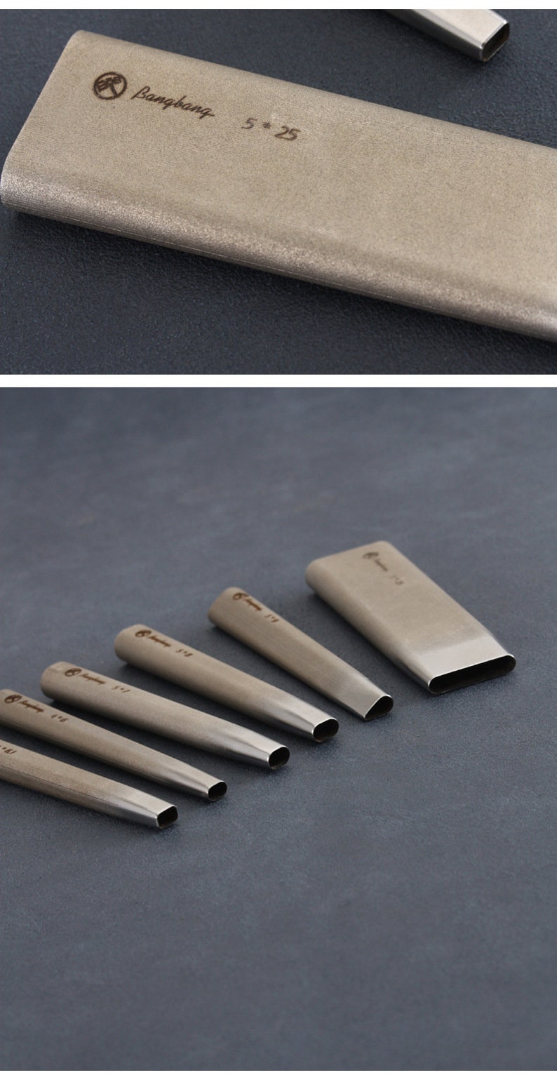 May include: A collection of silver metal leather working tools. One tool is marked with "Bangbang 5*25". The tools have rounded ends and are displayed on a dark grey surface. The tools are used for leathercraft.
