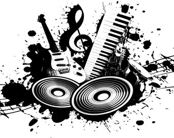 Grunge Music Transparent Overlay z głośnikami, klawiaturą, nutami, gitarą - Natychmiastowe pobieranie SVG, PGN, Jpg, Psd - 1280x800 pikseli