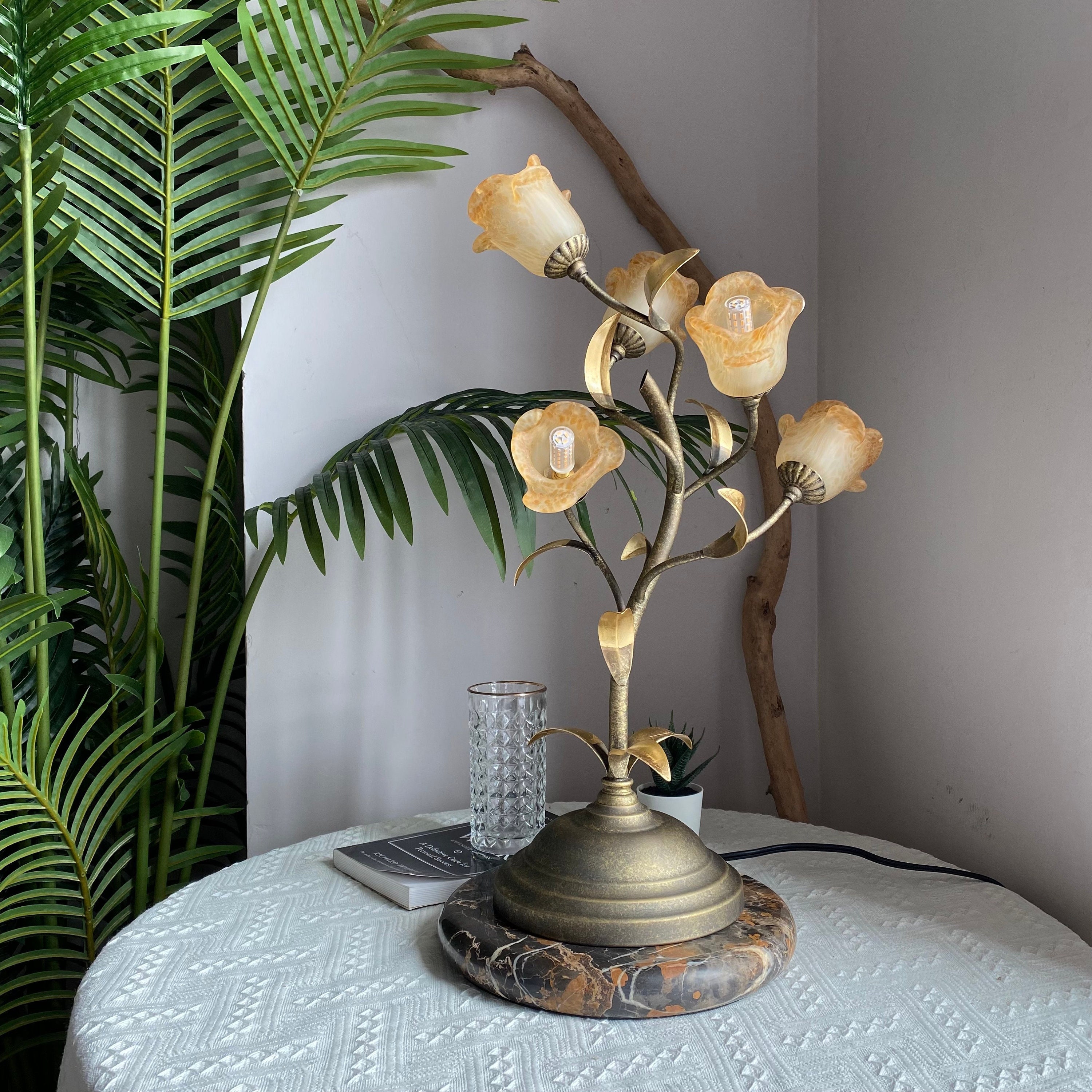 Antique Table Lamp With Glass Flower Shades - Brass Bedside Lamp - Cute Nightstand Lamp For Living Room, Bedroomthumbnail