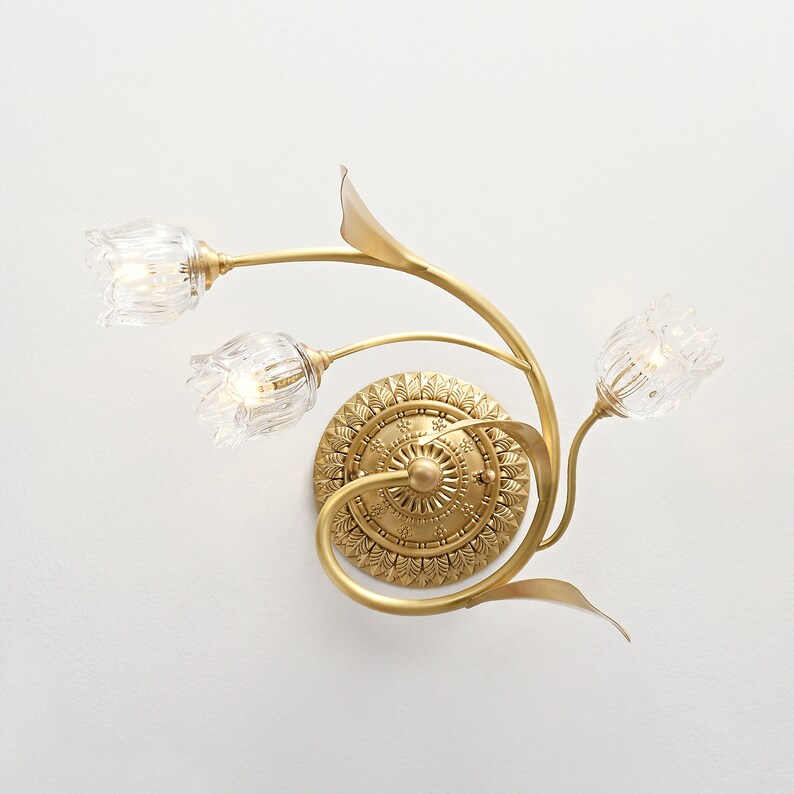 Glass Flower Wall Sconces Light With Brass Leaves and Base Etsy