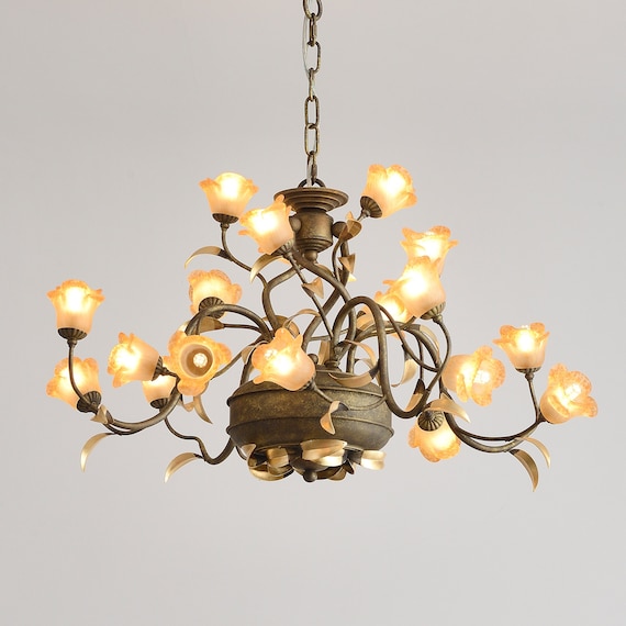 Lámpara de araña antigua con pantallas de lámpara de flor de - Etsy