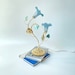 Blue Floral Table Lamp - Art Deco Glass Lily Pond Shade Desk Lamp With Brass Leaves And Jade Stone Base - Cute Bedside Lamp 