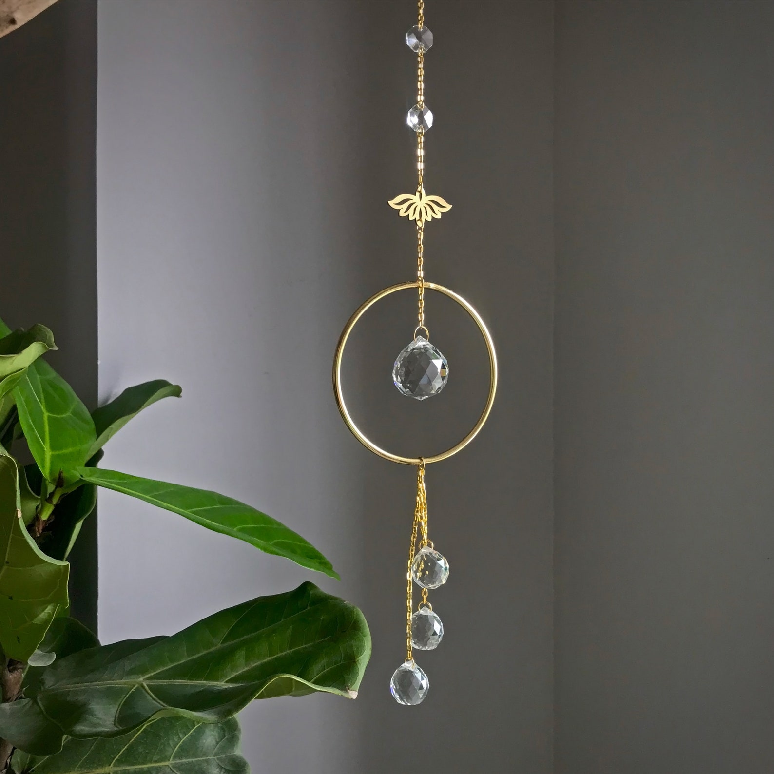 Brass Ring Sun Catcher With Crystal Balls Window Wall Etsy