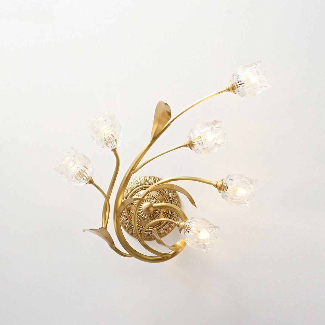 Glass Flower Wall Sconces Light With Brass Leaves and Base Etsy