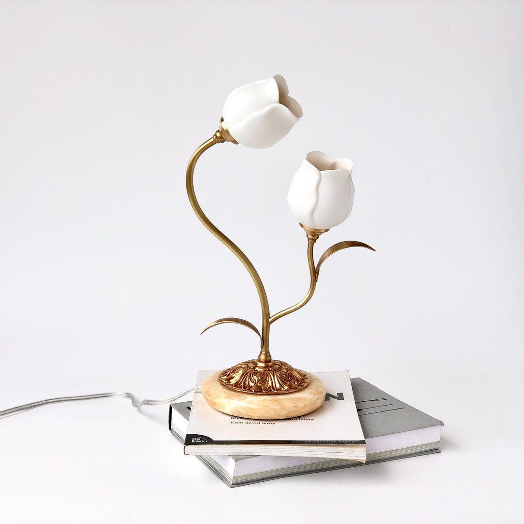 White Ceramic Table Lamp Flower Desk Lamp Brass Made Art Nouveau Lamp