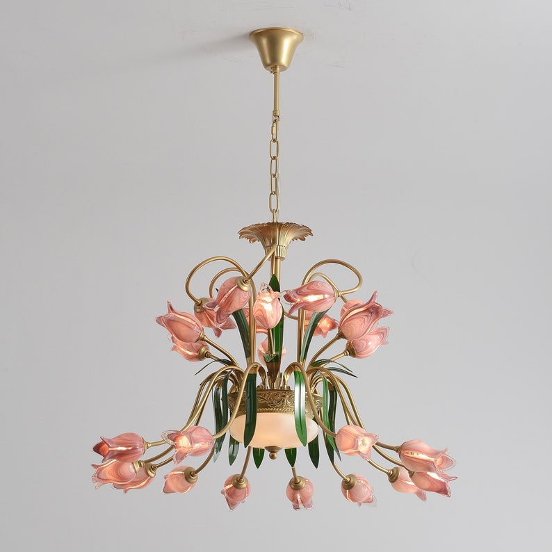Antique Pink Chandelier Lighting With Tulip Lamp Shades Mid Etsy