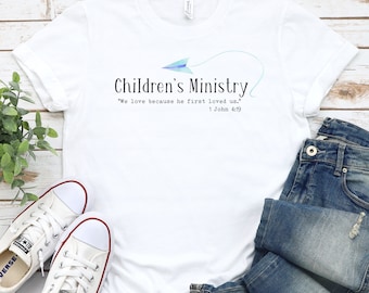 Camiseta del Ministerio de Niños, Ministerio de Niños, Min de Niños, Pastor de Niños, Avión de papel, Versículo Bíblico, camisa del ministerio