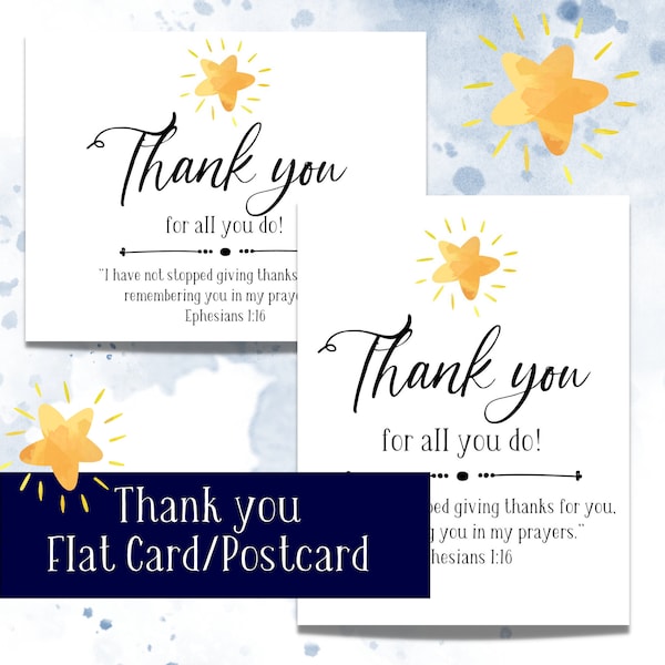 Star Thank you Flat Card/Postcard, Ministry Leader card, Scripture Card, Children's Ministry card, Bible verse card