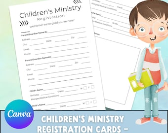 May include: Black and white printable registration cards for children's ministry. The cards feature a cartoon illustration of a child holding a book. The text on the cards reads "Children's Ministry Registration Cards - Black and White - 8.5x5.5".