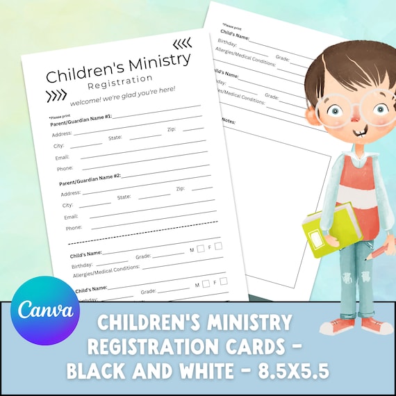 Children's Ministry Registration Card, Kids Min, Connect Card, Family Ministry, Next Step Card, Black and White