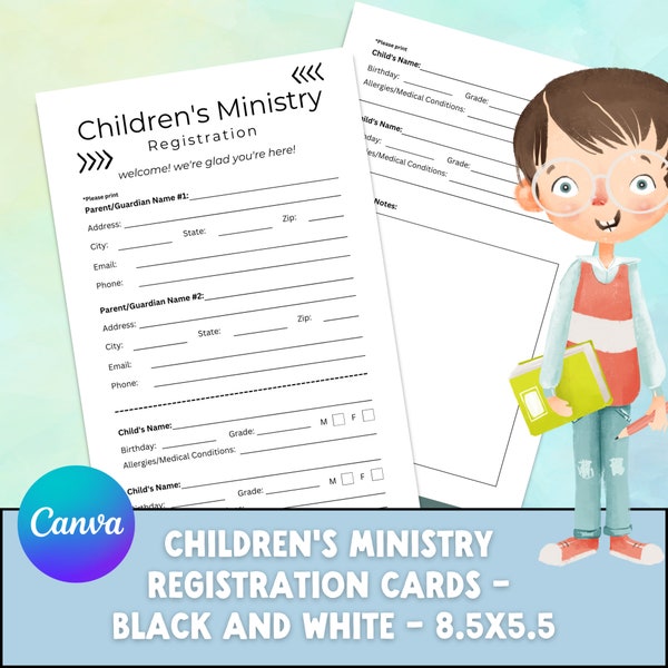 Children's Ministry Registration Card, Kids Min, Connect Card, Family Ministry, Next Step Card, Black and White