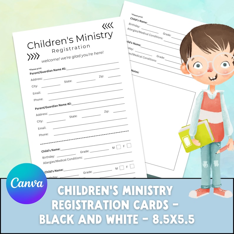 May include: Black and white printable registration cards for children's ministry. The cards feature a cartoon illustration of a child holding a book. The text on the cards reads "Children's Ministry Registration Cards - Black and White - 8.5x5.5".