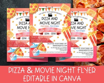 May include: A flyer for a "Pizza and Movie Night" event, featuring the movie "Toy Story." The design includes pizza slices, popcorn, and admission tickets. The event is on Friday, December 5th, from 6 PM to 9 PM.