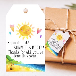 Printable Gift Tags for Teacher, Schools out Summer&#39;s HERE!!! Teacher gift tag, thank you teacher, elementary school, Beach Theme