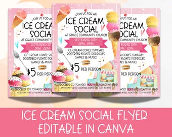 Volante de recaudación de fondos para eventos sociales de helados / Plantilla editable de Canva / Imprimible para eventos de iglesias, escuelas y comunidades / Volante de fiesta de helados / PTO / PTA