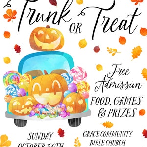 May include: An invitation to a Trunk or Treat event hosted by Grace Kid's Annual at Grace Community Bible Church. The event will take place on Sunday, October 30th from 5:30 PM to 8:00 PM at 123 Main Street, Venice, FL 34285. The invitation features a cartoon illustration of a blue pickup truck filled with pumpkins, candy, and balloons.