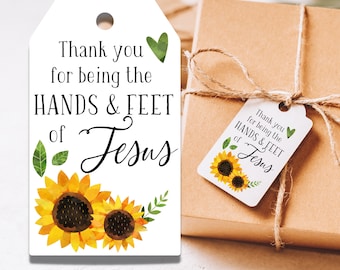 Etiquetas de regalo de agradecimiento a los voluntarios: gracias por ser las manos y los pies de Jesús - Regalos para líderes del ministerio infantil