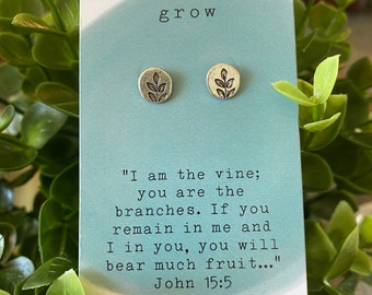 Grow leaf silver stud earrings. John 15:5 Bible verse. Gift ideas for children and youth ministry leaders. Thank you gifts for volunteers.
