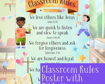 Christian Classroom Rules, Class Rules Poster, Homeschool classroom rules, Class rules with Bible Verses