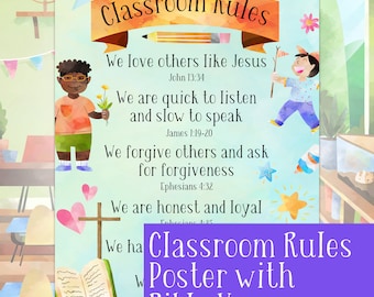 Christian Classroom Rules, Class Rules Poster, Homeschool classroom rules, Class rules with Bible Verses