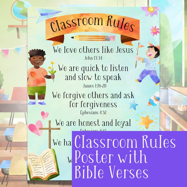 Christian Classroom Rules, Class Rules Poster, Homeschool classroom rules, Class rules with Bible Verses