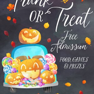 May include: A chalkboard announcement for a Grace Kid's Annual Trunk or Treat event. The event is free admission and includes food, games, and prizes. The event will be held on Sunday, October 30th from 5:30 PM to 8:00 PM at Grace Community Bible Church, 123 Main Street, Venice, FL 34285.