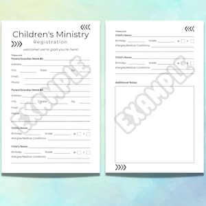 May include: A printable children's ministry registration form with sections for parent/guardian information, child's name, birthday, grade, allergies/medical conditions, and additional notes.