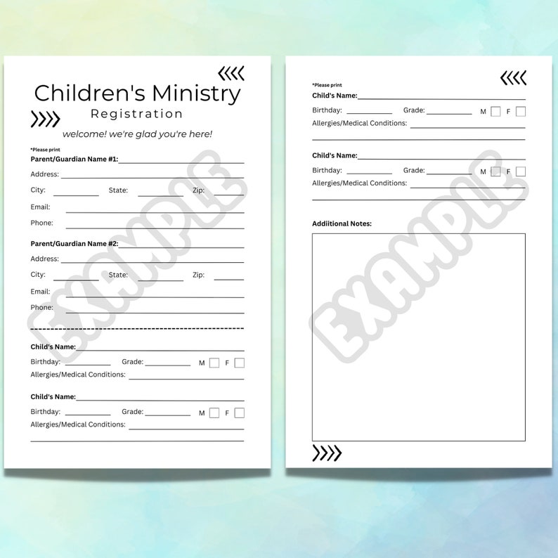 May include: A printable children's ministry registration form with sections for parent/guardian information, child's name, birthday, grade, allergies/medical conditions, and additional notes.