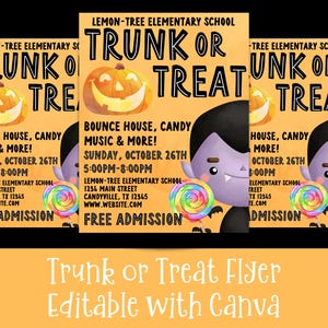 May include: A flyer for a Trunk or Treat event at Lemon-Tree Elementary School. The flyer features a cartoon vampire holding a lollipop, a pumpkin, and the text "Trunk or Treat". The event is on Sunday, October 26th from 5:00 PM to 8:00 PM. There will be a bounce house, candy, music, and more. Admission is free.