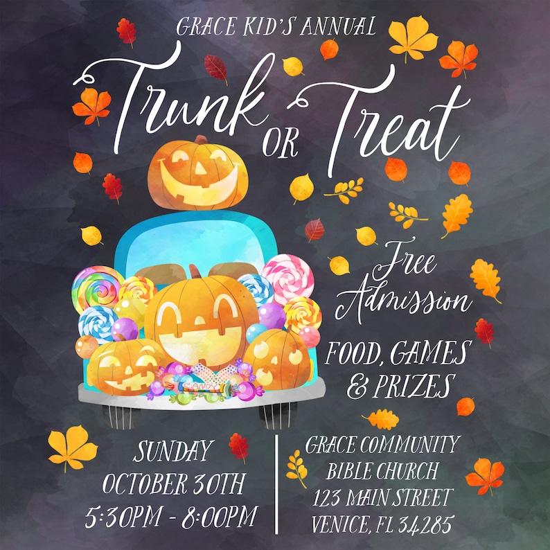 May include: A colorful invitation for a Trunk or Treat event at Grace Community Bible Church. The invitation features a cartoon car filled with candy and pumpkins. The event is on Sunday, October 30th from 5:30 PM to 8:00 PM. The church is located at 123 Main Street, Venice, FL 34285.