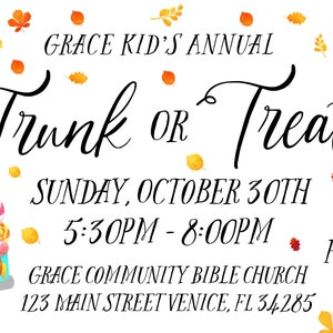 May include: A colorful flyer announcing a Trunk or Treat event at Grace Community Bible Church. The flyer features a cartoon truck filled with candy and pumpkins. The event is on Sunday, October 30th from 5:30 PM to 8:00 PM. Admission is free and there will be food, games, and prizes.