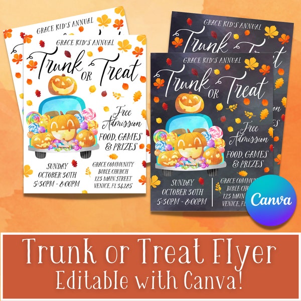 Trunk or Treat Flyer, Trunk or Treat Invitation, Halloween Block Party, Community Outreach, Kids Halloween Party, Editable Flyer Template