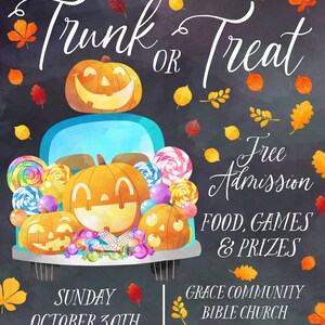 May include: A colorful invitation for a Trunk or Treat event at Grace Community Bible Church. The invitation features a cartoon car filled with candy and jack-o-lanterns. The event is on Sunday, October 30th from 5:30 PM to 8:00 PM. Free admission, food, games, and prizes are included.