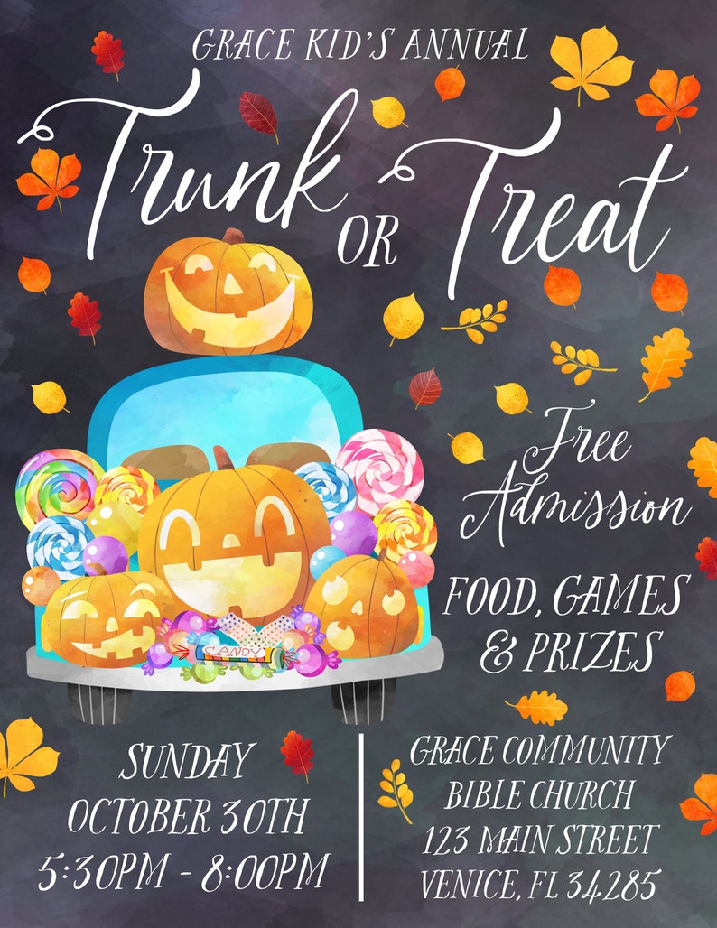 May include: A colorful invitation for a Trunk or Treat event at Grace Community Bible Church. The invitation features a cartoon car filled with candy and jack-o-lanterns. The event is on Sunday, October 30th from 5:30 PM to 8:00 PM. Free admission, food, games, and prizes are included.