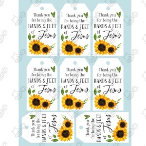 May include: Eight white gift tags with sunflower graphics and the text "Thank you for being the HANDS & FEET of Jesus".