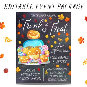 May include: A chalkboard style invitation for a Trunk or Treat event. The invitation features a cartoon illustration of a car filled with pumpkins and candy. The text reads "Grace Kid's Annual Trunk or Treat", "Free Admission", "Food, Games & Prizes", "Sunday October 30th 5:30pm-8:00pm", "Grace Community Bible Church 123 Main Street Venice, FL 34285".