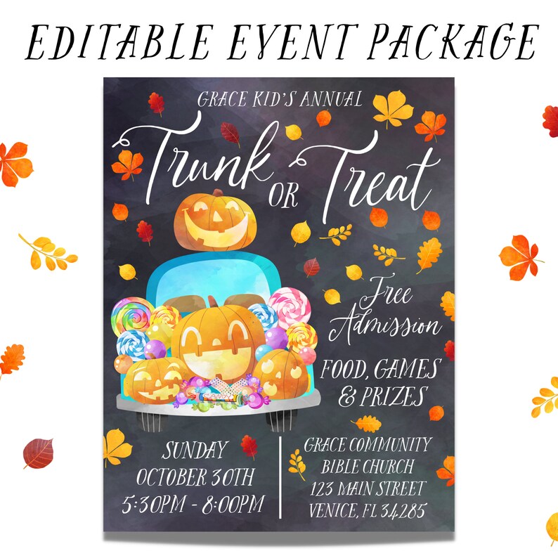 May include: A chalkboard style invitation for a Trunk or Treat event. The invitation features a cartoon illustration of a car filled with pumpkins and candy. The text reads "Grace Kid's Annual Trunk or Treat", "Free Admission", "Food, Games & Prizes", "Sunday October 30th 5:30pm-8:00pm", "Grace Community Bible Church 123 Main Street Venice, FL 34285".