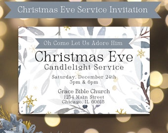 May include: A Christmas Eve candlelight service invitation with a watercolor background featuring snowflakes and branches. The invitation is for Grace Bible Church, located at 1254 Main Street, Chicago, IL 60618. The service will be held on Saturday, December 24th at 5pm and 6pm.