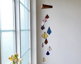 CIRCUS - Blue, Yellow, and Pink Stained Glass Mobile, Hanging Art, Glass Sculpture, Home Decor, Modern Glass Art