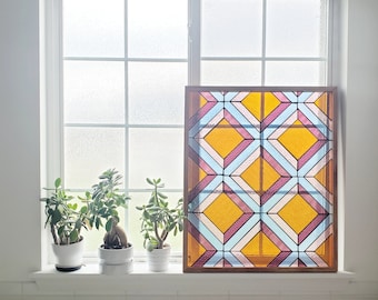 SAMPLE SALE: Framed Bright Eclectic Geometric Stained Glass Panel, Home Decor, Modern Glass Art