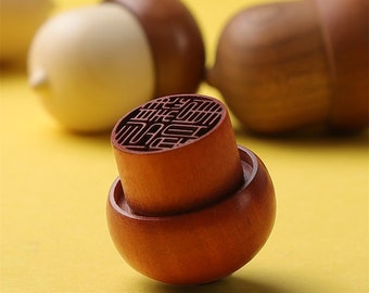 Custom Round Japanese Hanko Chop Cute Acorn Design Stamp Japanese Chinese English Name Stamp Wood Stamp Japanese Stationery